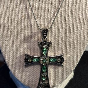 Elegant Silver and Green Cross Pendant Necklace